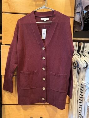 LOFT Maroon Button-Front Pocket Cardigan, small